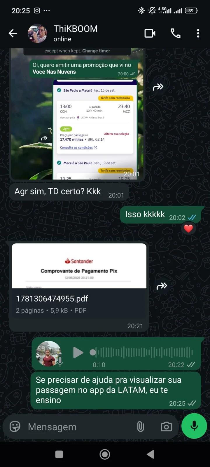 Registro real da emissão de passagem realizada por Thiago com uma oportunidade compartilhada pela Você nas Nuvens.