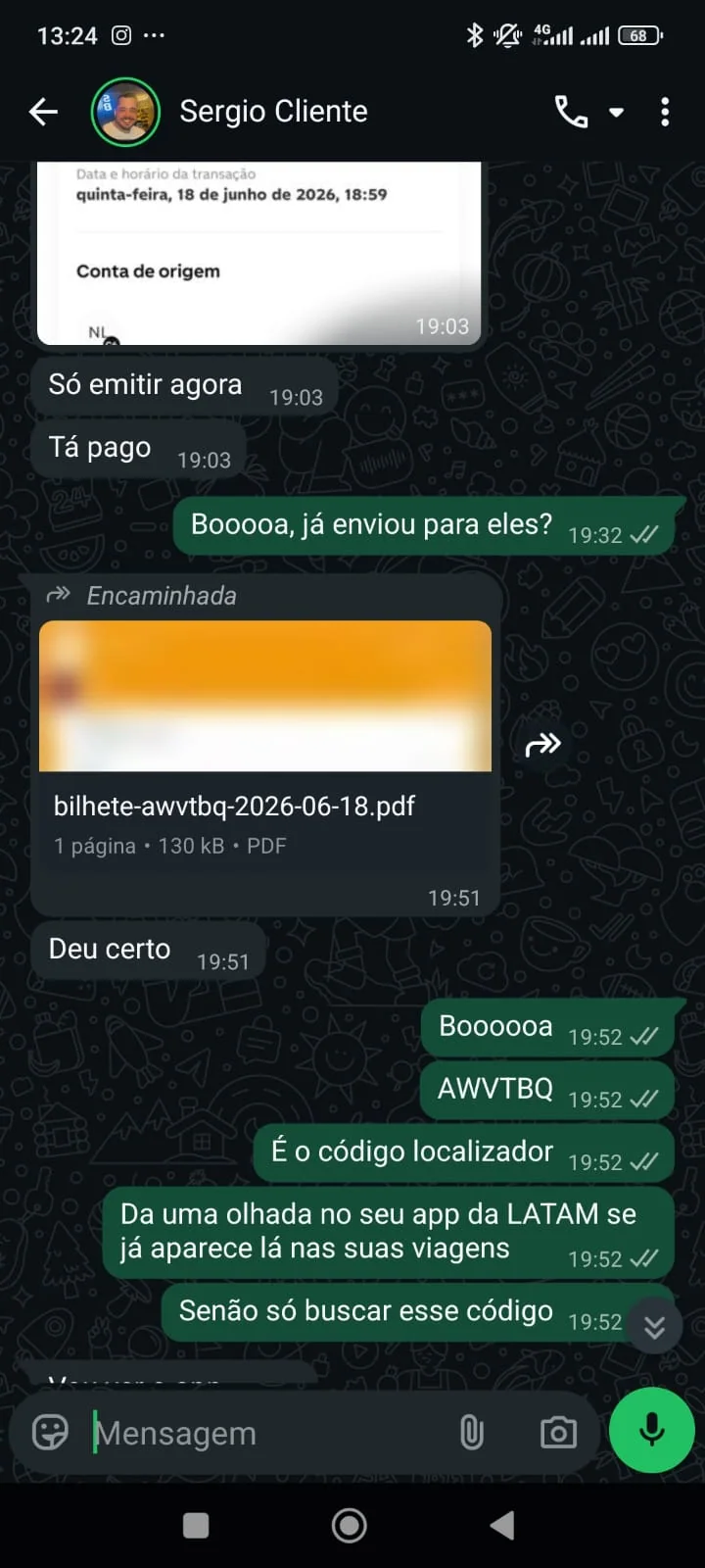 Registro real da emissão de passagem realizada por Sérgio com uma oportunidade compartilhada pela Você nas Nuvens.