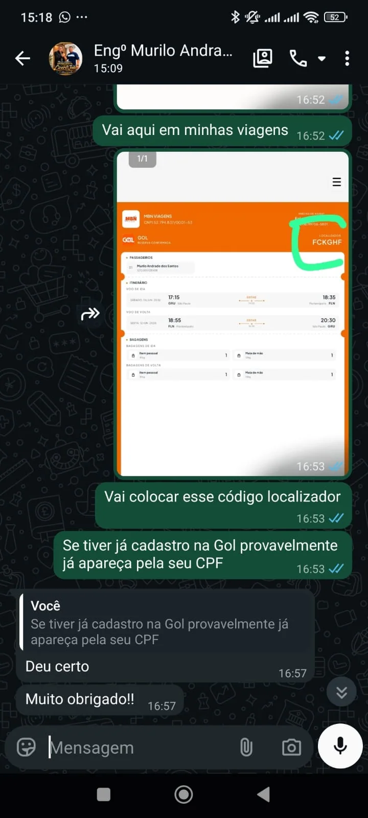 Segundo registro real da emissão de passagem realizada por Murilo com uma oportunidade compartilhada pela Você nas Nuvens.