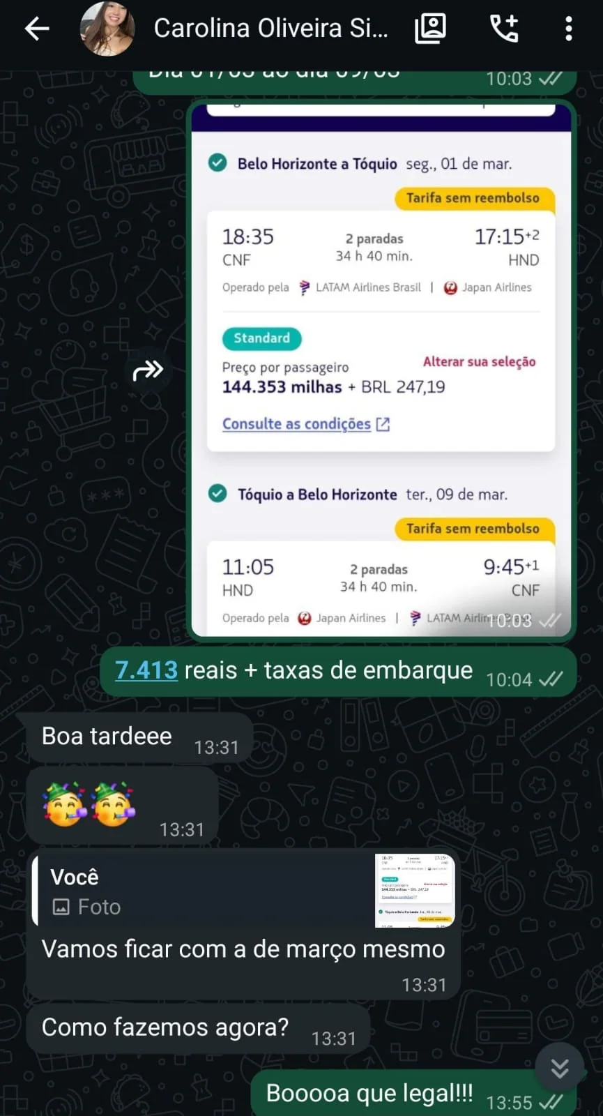 Registro real da emissão de passagem realizada por Carolina com uma oportunidade compartilhada pela Você nas Nuvens.