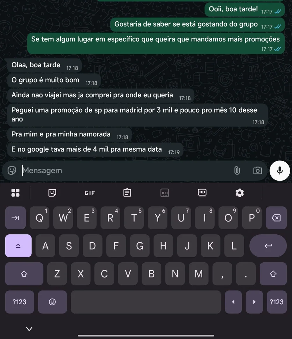 Feedback de cliente confirmando uma compra de passagem.