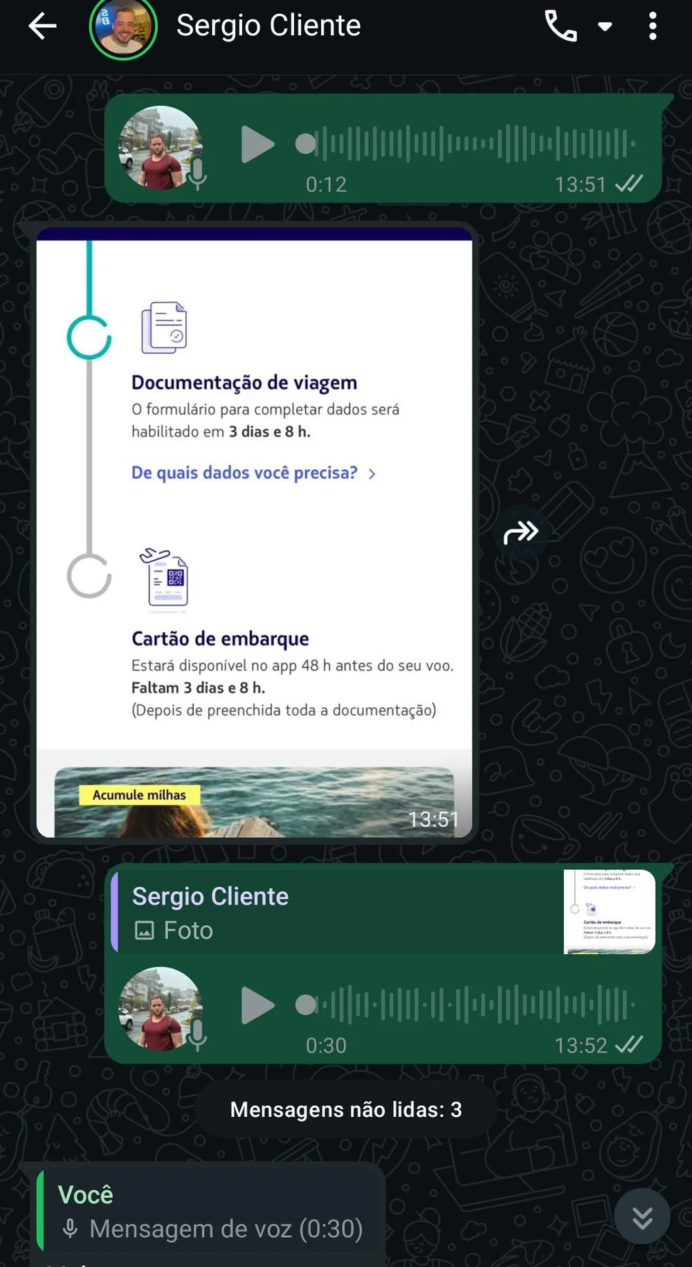 Registro da compra de passagem realizada por Sérgio.
